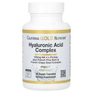 California Gold Nutrition Hyaluronic Acid Complex with L-Proline, French Grape Seed and French Maritime Pine Bark Extract, Veggie Capsules